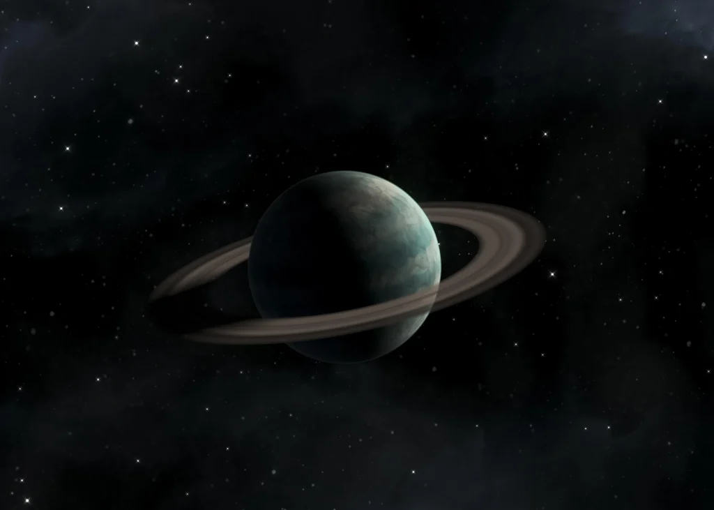 Изображение на планетата Сатурн с нейните отличителни пръстени, заснето от космически апарат.